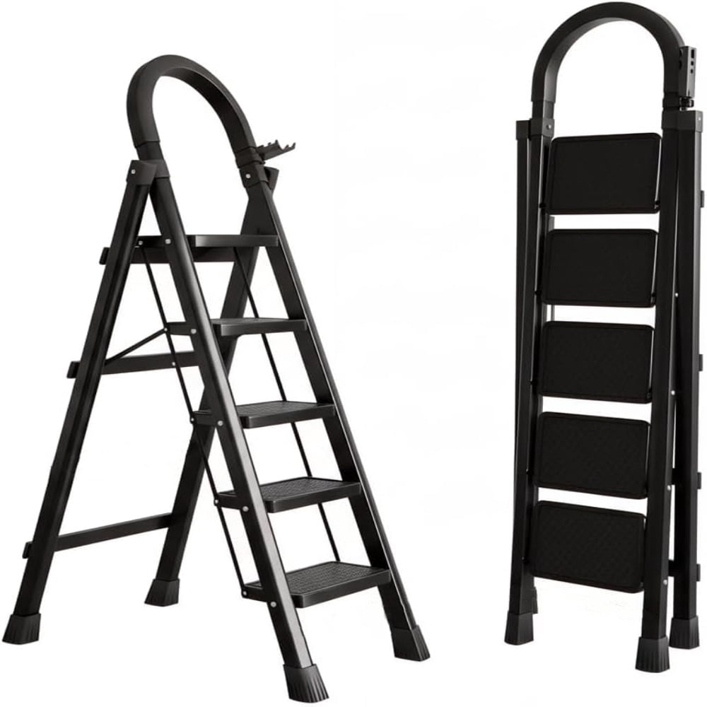 innhom 5-Step Folding Ladder - 330 lbs capacity, sturdy steel frame construction, wide non-slip steps and top handrail, versatile lightweight folding ladder, black