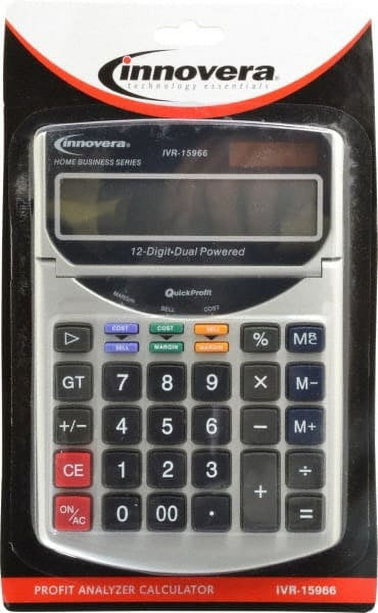 innovera 12-Digit Portable Calculator 18mm Display Size, White, Solar & Battery Powered, 7" Long x 4-3/4" Wide