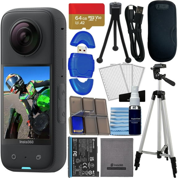 insta360 X3 - Waterproof 360 Action Camera with 1/2" 48MP Sensors, 5.7K 360 HDR Video, 72MP 360 Photo Bundle with 64gb Memory + High Speed Card Reader +Full Size Tripod + Table Top Tripod + Action Kit