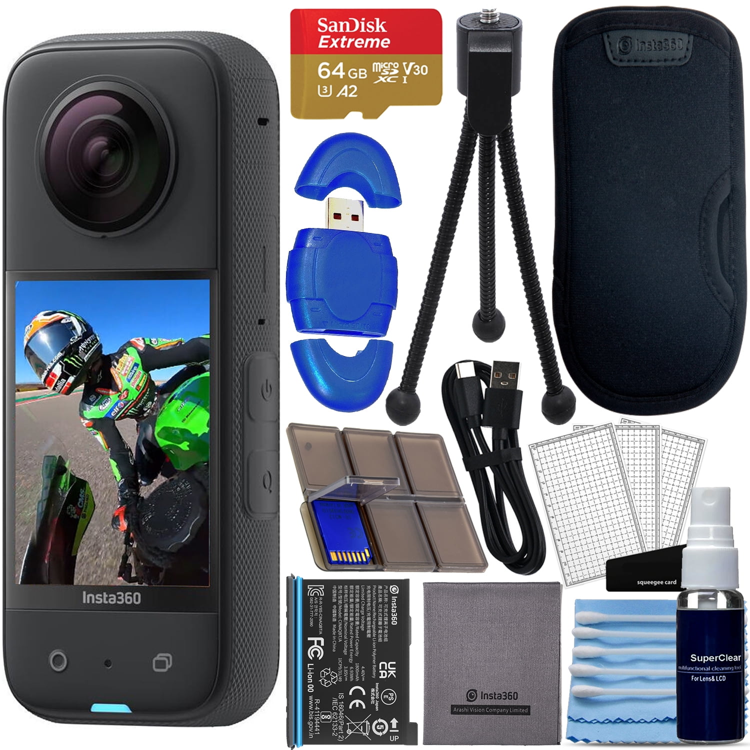 insta360 X3 - Waterproof 360 Action Camera | 48MP Sensors | 5.7K HDR Video | 72MP 360 Photo Bundle with SanDisk Extreme 64GB Memory, High Speed Card Reader, Table Top Tripod Bundle