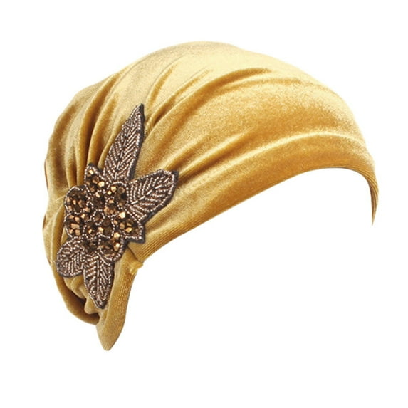 instant Hijab, Yigetop Women's Elegant Soft Velvet Turban Beanie with Beaded Flower Hat Chemo for Cancer Hair Loss Ladies Hijab Scarf for Women Gold One Size