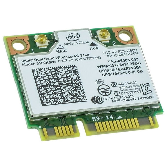 Intel 3160.HMWG.R Dual Band Wireless AC + Bluetooth Mini PCIe card Supports 2.4 and 5.8Ghz B/G/N/AC Bands with Mounting Screws