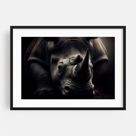 intense portrait of a rhino 01 - Photography Wildlife Animal Moody Nature Portrait Surrealism Black Framed Wall Art Print 20 x 30 inches