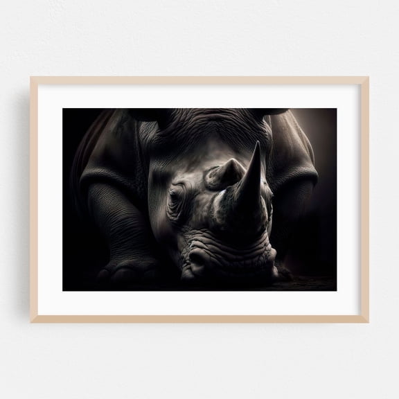 intense portrait of a rhino 01 - Photography Wildlife Animal Moody Nature Portrait Surrealism Oak Framed Wall Art Print 16 x 24 inches