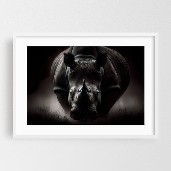 intense portrait of a rhino 03 - Photography Wildlife Animal Nature Moody Portrait Wilderness White Framed Wall Art Print 12 x 18 inches