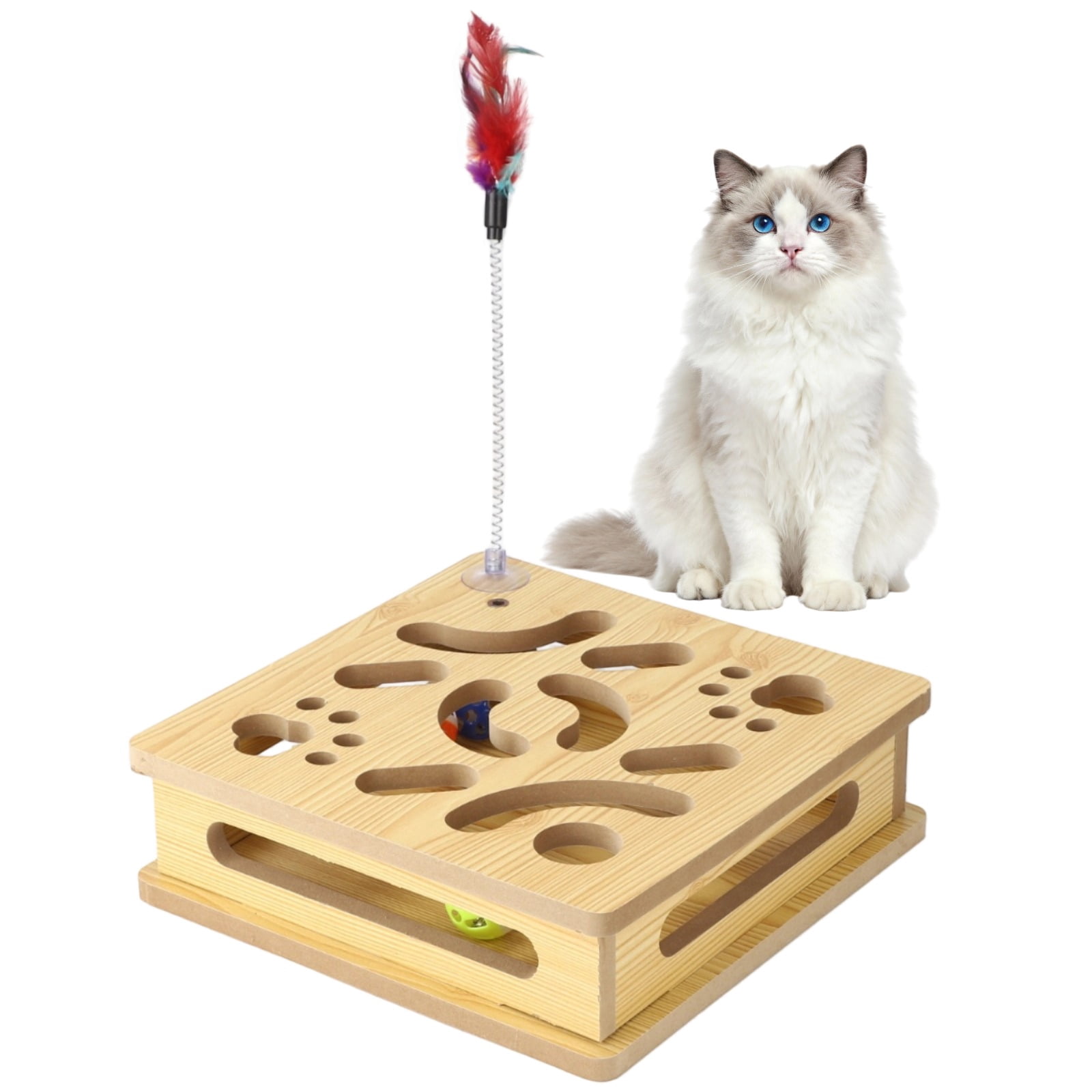 Interactive cat toy box, a wooden cat puzzle toy containing 3 bell balls and a feather wand, with a maze design to stimulate your cat's hunting instincts.