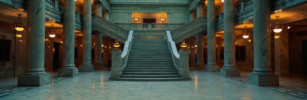 This is the interior of the State Capitol of Utah Marble Columns are at the sides of a very wide grand staircase leading to the second floor Canvas Art - Panoramic Images (36 x 12)