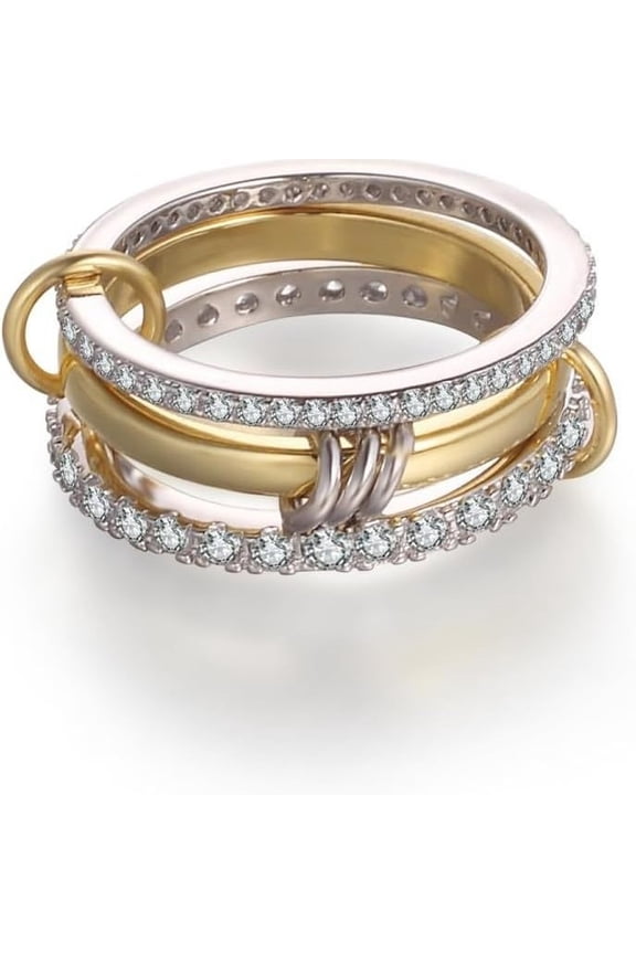 Interlocking Full Diamond Zircon Triple Band Ring, Two Colors