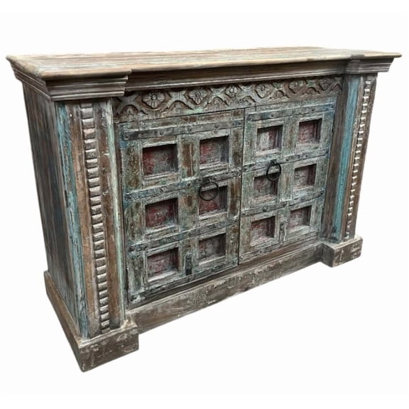 interoknack Antique Rustic Solid Wood Storage Cabinet Vintage Farmhouse Sideboard Cabinet Handcrafted Multi Door Console Cabinet for Living Room Dining Room Entryway