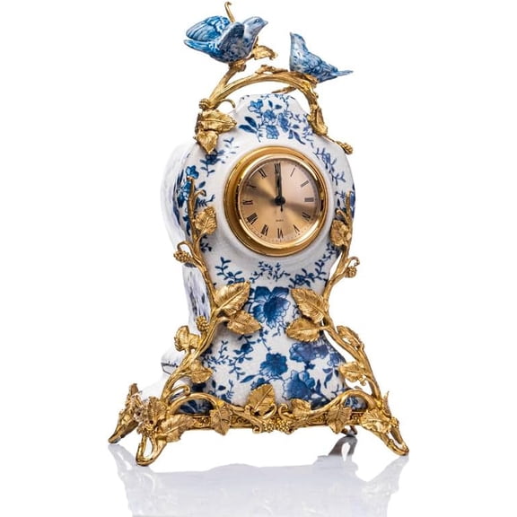 interoknack Blue and White Porcelain Brass Table Clock Bird Motif Mantel Clock for Living Room, Villa, and Artistic Decor