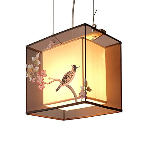 interoknack Hand-Painted Modern Asian Square Pendant Light, Floral Bird Art Bedside, Dining, Living Room Ceiling Lamp, Luxury Vintage Lantern