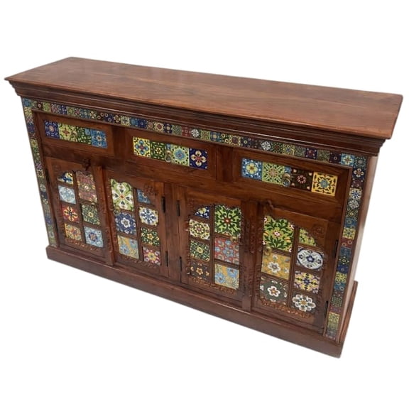 interoknack Handcrafted Wooden Sideboard Buffet Cabinet with Colorful Tile Mosaic Doors Rustic Farmhouse Accent Storage Cabinet for Living Room, Dining Room & Entryway