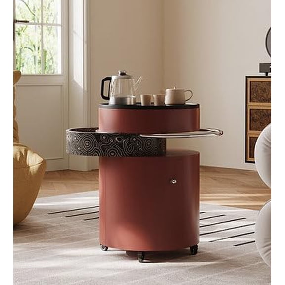 interoknack Modern Round Rolling Tea Cart with Integrated Electric Kettle, Multifunction Beverage Station