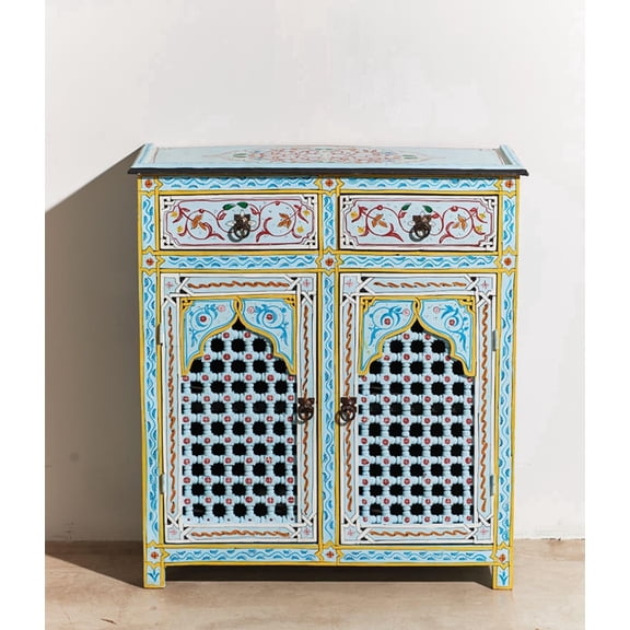 interoknack Moroccan Hand-Painted Solid Wood Blue Cabinet, Exotic Entryway Storage Shoe Sideboard (Sky Blue)