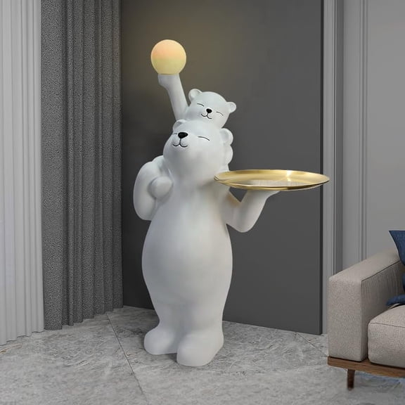 interoknack Polar Bear Sculpture Side Table with Tray and LED Light, Mother and Baby Animal Decor Accent for Living Room, Entryway, Bedroom