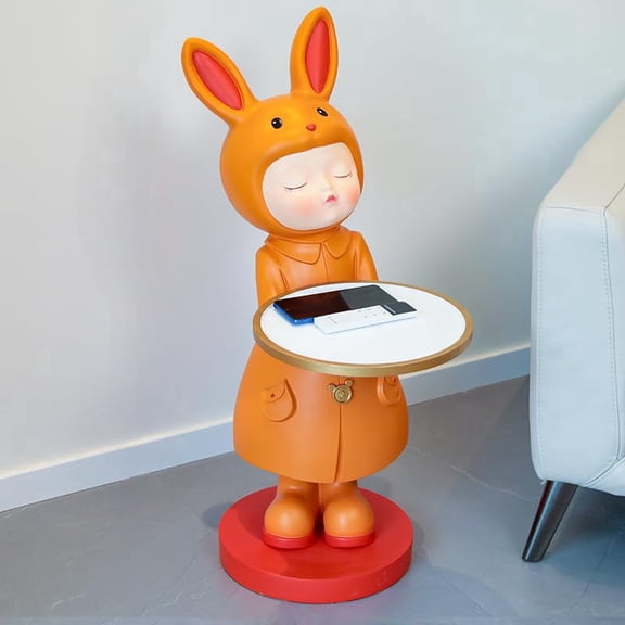 interoknack Rabbit Girl Standing Side Table, Cute Resin Animal Tray Accent for Living Room, Entryway, Sofa, and Bedroom Storage