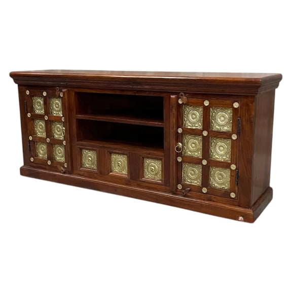 interoknack Rustic Solid Wood TV Stand Cabinet with Brass Medallion Doors  Farmhouse Entertainment Center Console for Living Room, Media Storage Accent Cabinet with Shelves