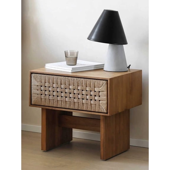 interoknack Solid Wood Rope-Woven Nightstand, Minimalist Living Room Bedside Table  Fully Assembled