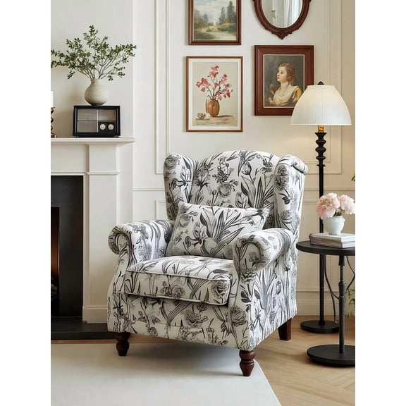 interoknack Vintage Floral Tiger Chair Black and White Retro Lounge Armchair, Single Sofa for Living Room/Garden/Balcony
