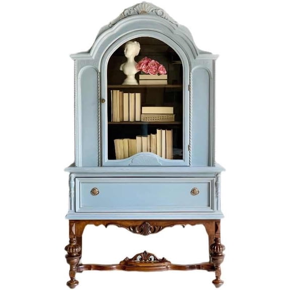 interoknack Vintage Luxury Carved Glass-Front Display Cabinet Solid Wood Single-Door Wine & Bookcase High Cabinet