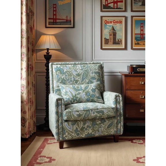 interoknack Vintage Tiger Armchair Retro Lounge Single Sofa for Living Room, Balcony, Study, & Bedroom, Blue Floral Upholstery