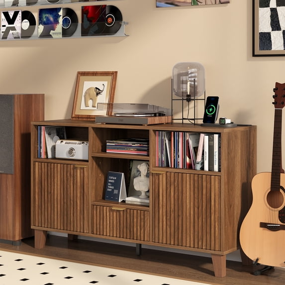 inyl Record Storage & Media Console with Charging Station, Power Outlet - Wooden Turntable Stand for Record Player, Living Room Entertainment Center Furniture (Walnut Finish)