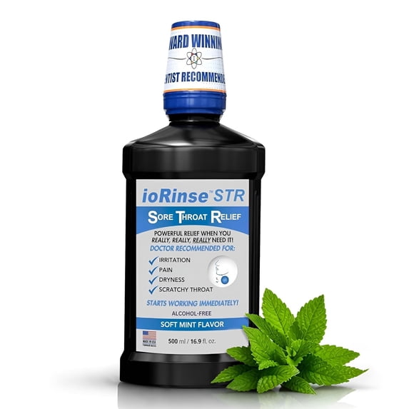 ioRinse STR (Sore Throat Relief) Professional Strength Gargle. Instantly soothes inflamed throats. ioRinse is recommended by thousands of healthcare professionals because it simply works better. 16 o