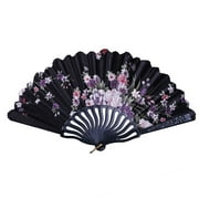 ionze Appliances Best Chinese Style Dance Wedding Party Lace Silk Folding Hand Held Flower Fan Fans （Black）
