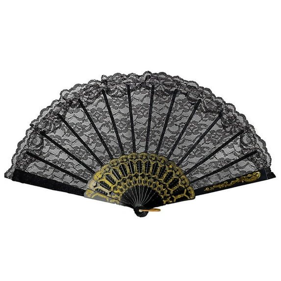 ionze Appliances Lace Fan Hand Party Style Held Flower Wedding Chinese Dance Silk Folding Fans Fans (Black)