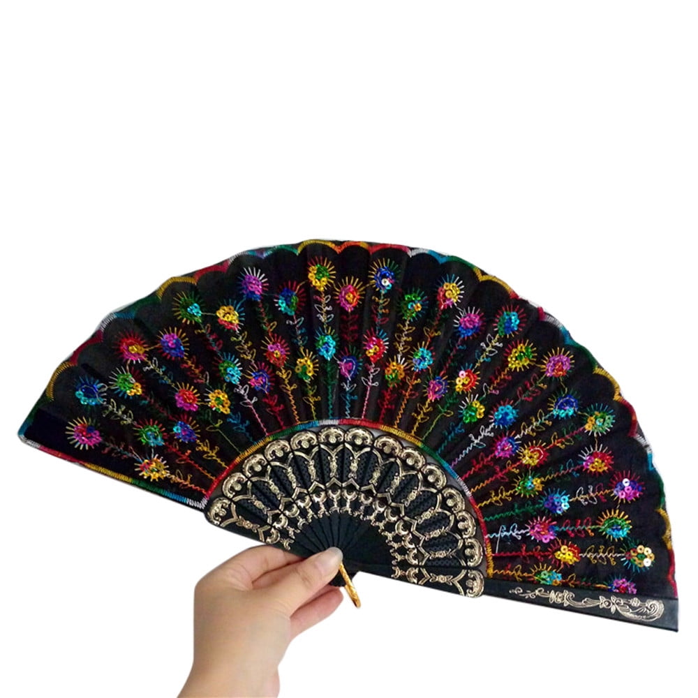 ionze Appliances Spanish Lace Silk Folding Hand Held Dance Fan Flower Pattern for Party Wedding Fans （C）