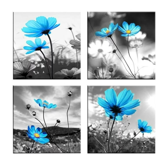 ionze Home Decor 4Pcs Blue Daisy Flower Painting Canvas Modern Theme Wall Art Artwork Painting Abstract Black and Print Decor for Living Room Bedroom Bathroom Gifts Home Accessories （Blue）