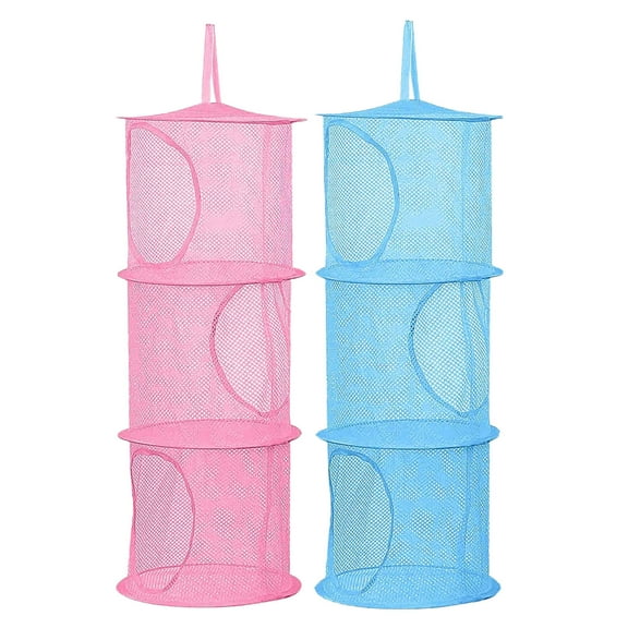 ionze Home Textiles 2 Pcs Hanging Mesh Stuffed Animal Storage Net Foldable Toy Storage Organizer 3 Compartments Net for Stuffed Animals Corner for Boys Girls Gloves Hats Home Textile Storage (Blue)
