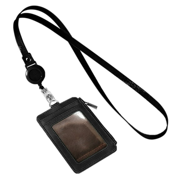 ionze ID Badge Holder With Zip Retractable Heavy Duty Clear Id Card Vertical Lanyard Holder Slim Leather ID Badge Card Wallet (Black)