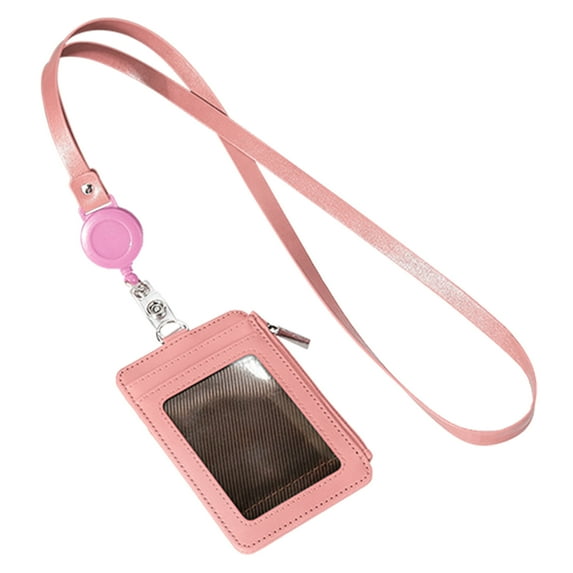 ionze ID Badge Holder With Zip Retractable Heavy Duty Clear Id Card Vertical Lanyard Holder Slim Leather ID Badge Card Wallet (Pink)