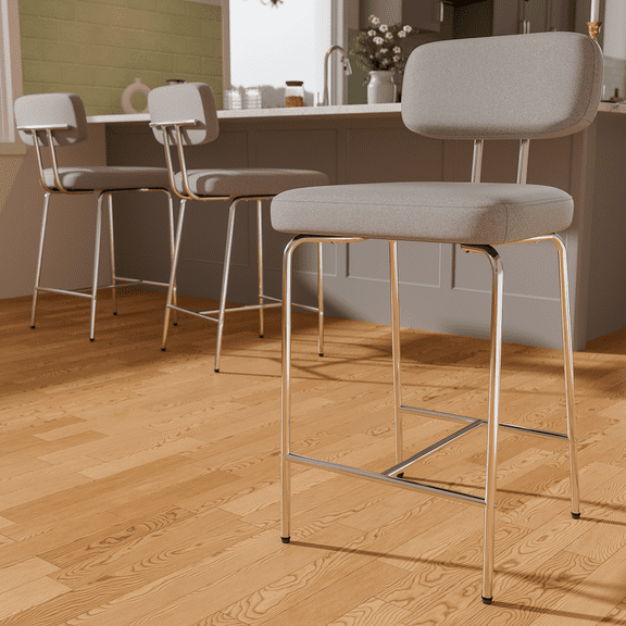 iooHug 26" Fabric Bar Stools with Backs, Set of 3 Counter Height Bar Stools, Wide Seat Kitchen Island Chairs with Metal Legs for Kitchen Island/Dining Room/Bar, Gray