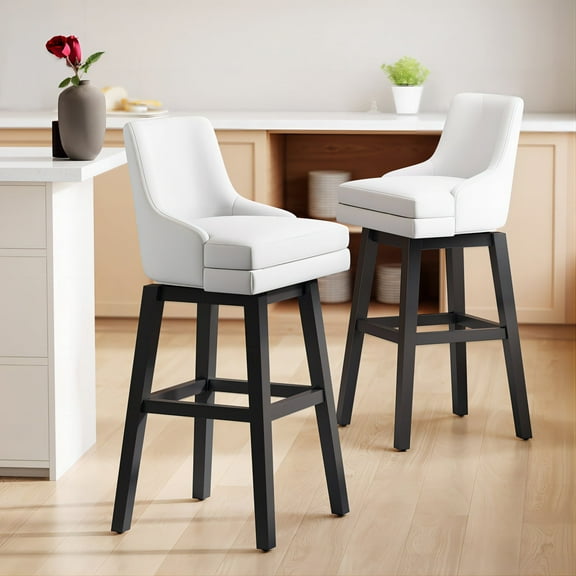 iooHug 26" Fabric Swivel Bar Stool with Back, Set of 2 Upholstered Counter Height Barstools with Rubber Wood Legs, Kitchen Counter Chair for Home Bar, Island, Dining, White