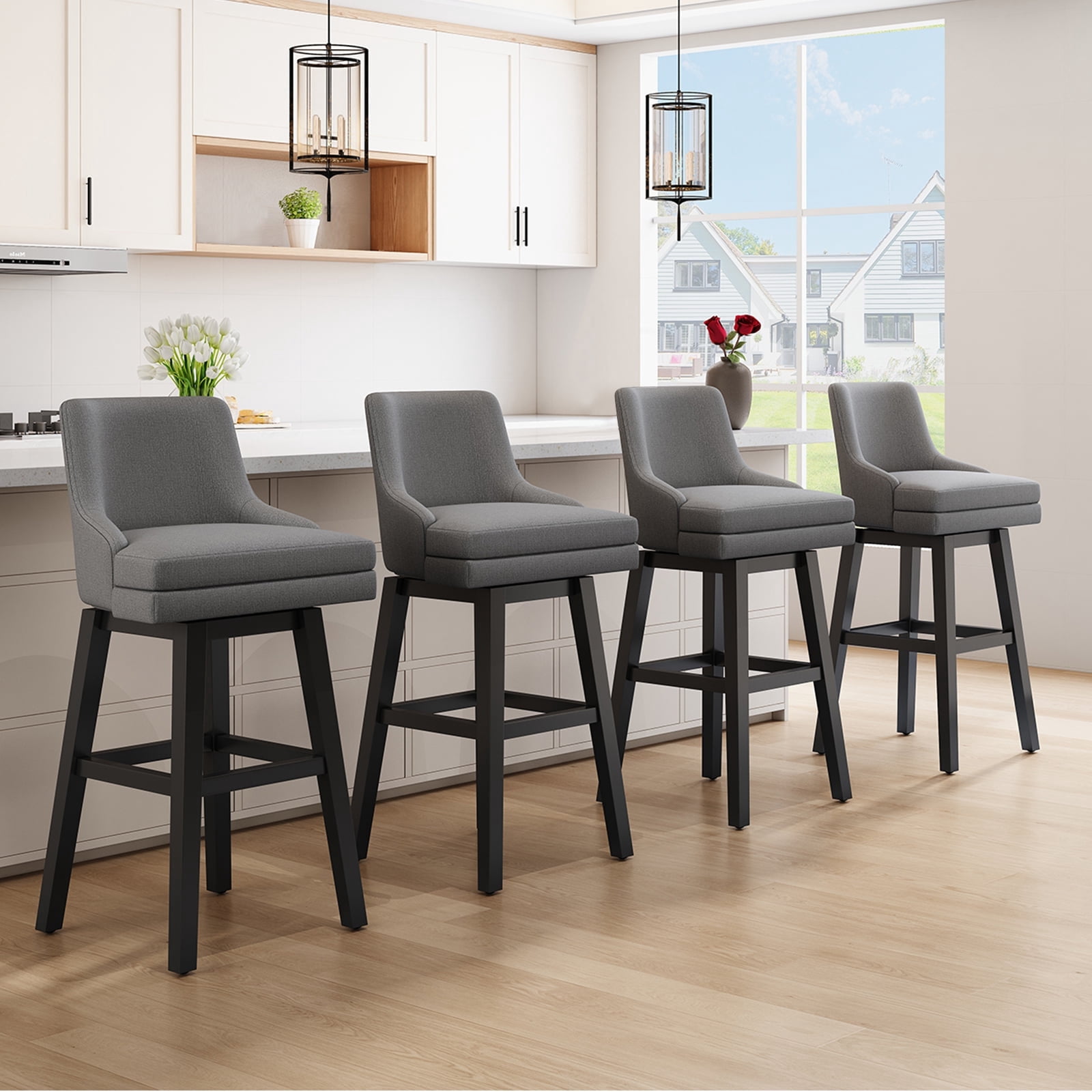 iooHug 26" Fabric Swivel Bar Stool with Back, Set of 4 Upholstered ...