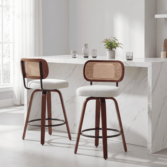 iooHug 26 Inch Counter Height Bar Stools Set of 2, Swivel Kitchen Island Chairs with Rattan Cane Back, Linen Upholstered Seat, Walnut Wood Legs