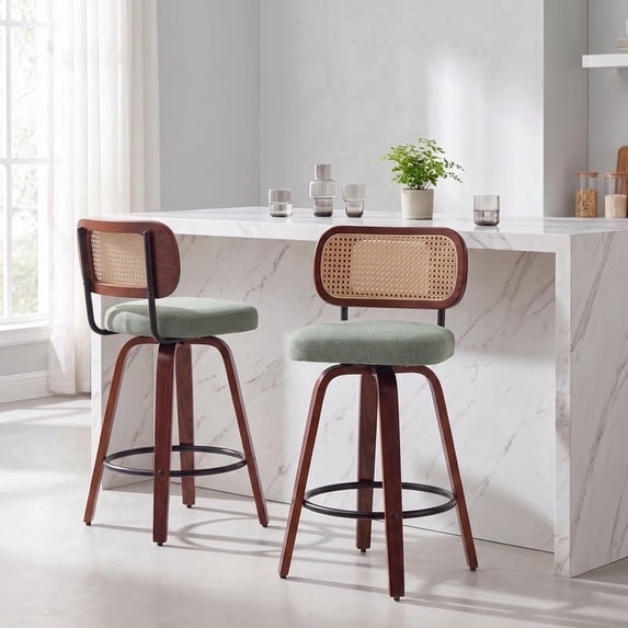 iooHug 26 Inch Counter Height Bar Stools Set of 2, Swivel Kitchen Island Chairs with Rattan Cane Back, Linen Upholstered Seat, Walnut Wood Legs
