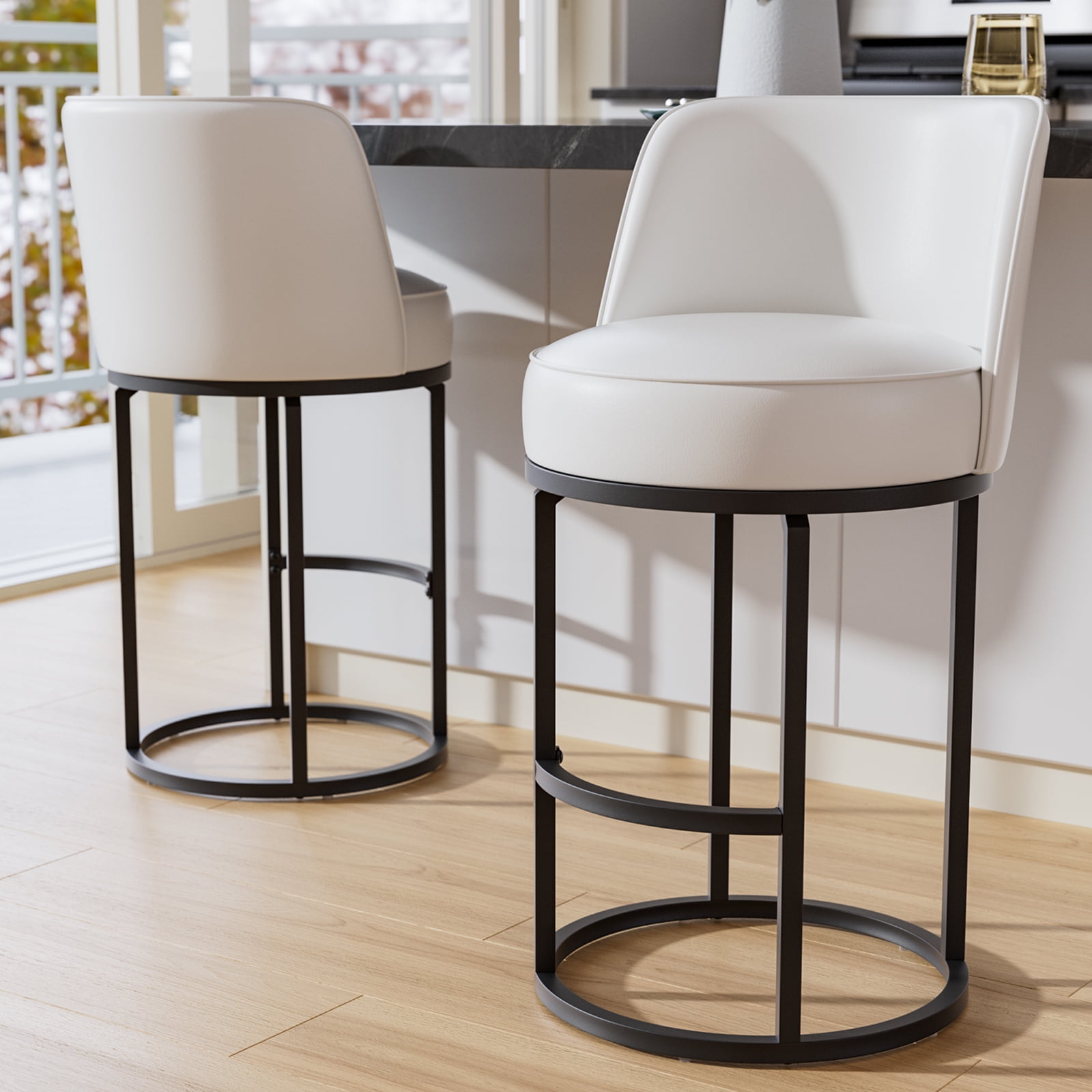 iooHug 26 Inch Swivel Counter Height Bar Stools with Back, Set of 2 PU Leather Bar Chairs with Footrest, Kotchen Counter Stools with Metal Frame, White
