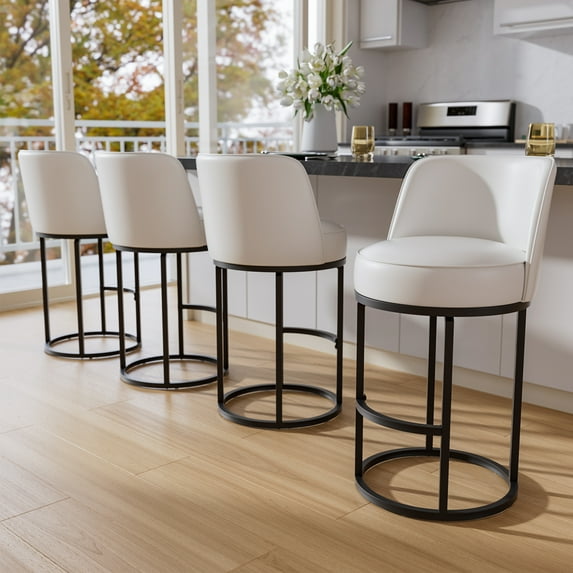iooHug 26 Inch Swivel Counter Height Bar Stools with Back, Set of 4 PU Leather Bar Chairs with Footrest, Kotchen Counter Stools with Metal Frame, White