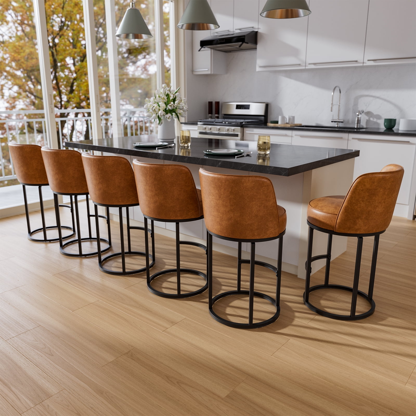 iooHug 26 Inch Swivel Counter Height Bar Stools with Back, Set of 6 PU Leather Bar Chairs with Footrest, Kotchen Counter Stools with Metal Frame, Brown