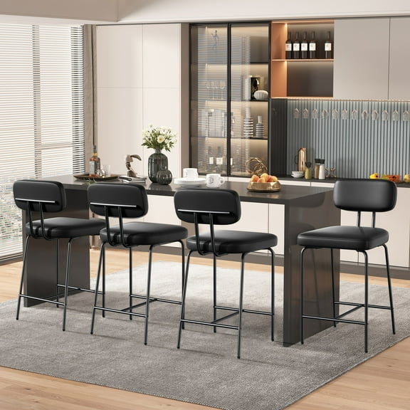 iooHug 26" PU Leather Bar Stools with Backs, Set of 4 Counter Height Bar Stools, Wide Seat Kitchen Island Chairs with Metal Legs for Kitchen Island/Dining Room/Bar, Black