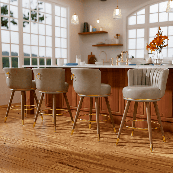 iooHug 26" Swivel Gray Counter Height Bar Stools Set of 4, PU Leather Kitchen Island Stools with Wood Legs and Footrest, Bar Stools for Kitchen Island,Dinging Room