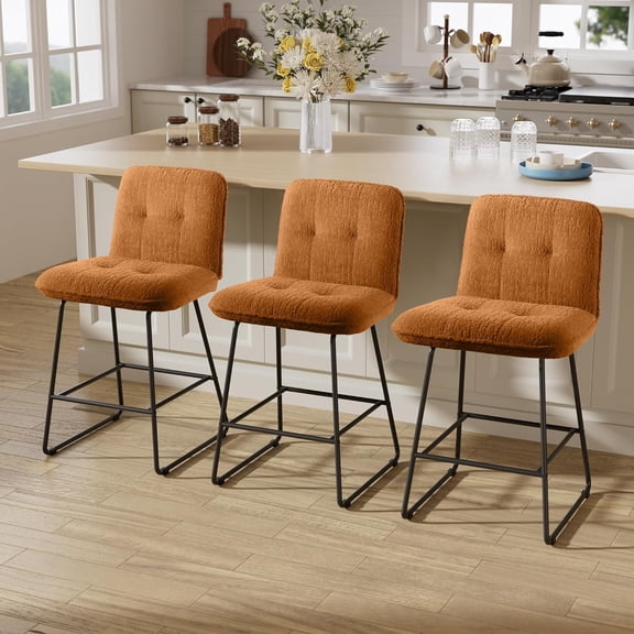iooHug 26" Velvet Counter Height Bar Stools Set of 3, Modern Upholstered Bar Chairs with Metal Legs and Footrest for Kitchen Island, Dining Room, Home Bar, Brown