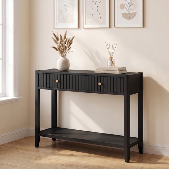 iooHug 29.53 Inch Tall Narrow Console Table with Drawers & Storage Shelf, Black Wood Entryway Sofa Table for Hallway Living Room Front Hall