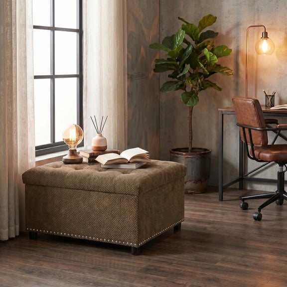 iooHug 30 Inch Square Upholstered Coffee Table with Nailhead Trim, Storage Cabinet for Bedroom, Suitable for Living Room, Bedroom, Office & Household Use(Coffee)