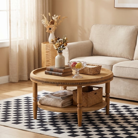 iooHug 31.3" Round Rustic Natural Wood Coffee Table, 2-Tier Tray Top Accent Table with Beaded Trim & Curved Solid Wood Legs for Living Room Home Family Use