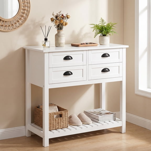 iooHug 31.5" White MDF Console Storage Sideboard, 4 Drawer Narrow Buffet Table with Slatted Bottom Shelf & Anti-Tip Strap for Kitchen Entryway Living Room Family Use