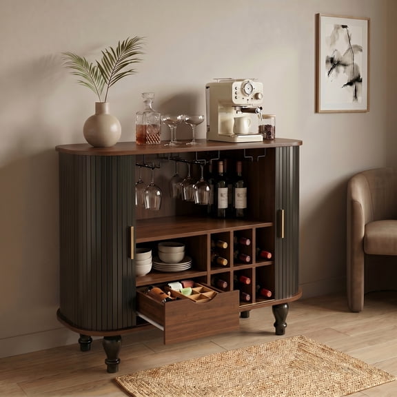 iooHug 39" Mid-Century Fluted Wine Bar Cabinet, Liquor and Coffee Storage Cabinet with Wine Rack, Glass Holders and Drawer for Kitchen and Living Room